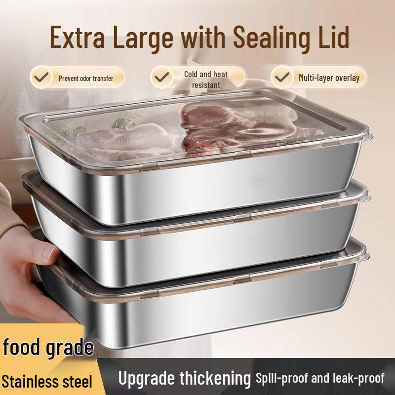 Stainless Steel Rectangular Food Storage Container with Lid for Fresh-Keeping, Hot Pot, and Picnic.