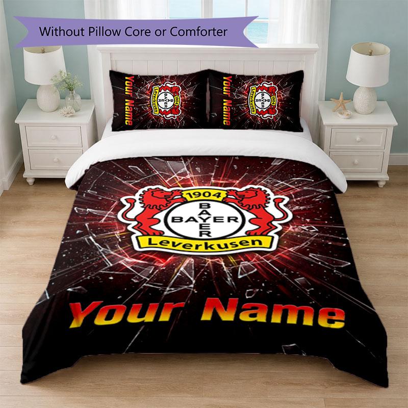 Bayer Leverkusen Football Custom Name Text Bedding Set 1 Duvet Cover+2 Pillowcases Soccer Logo Personalized Gift For Special Occasion Bedroom Decor