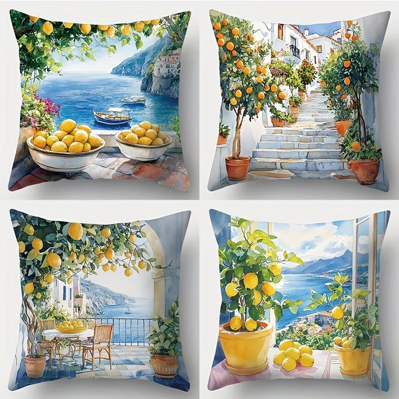 4Pcs Lemon Throw Pillow Covers, Mediterranean Blue , Summer Farmhouse Style Pillowcase For Sofa Couch Living Room Decoration