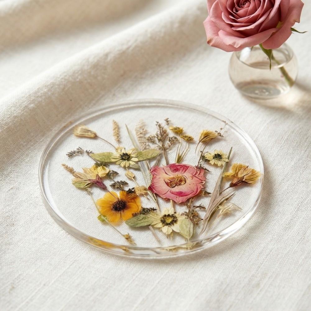 Round Floral Print Coasters Transparent Insulation Pad Table Decoration Cup Mat Gifts