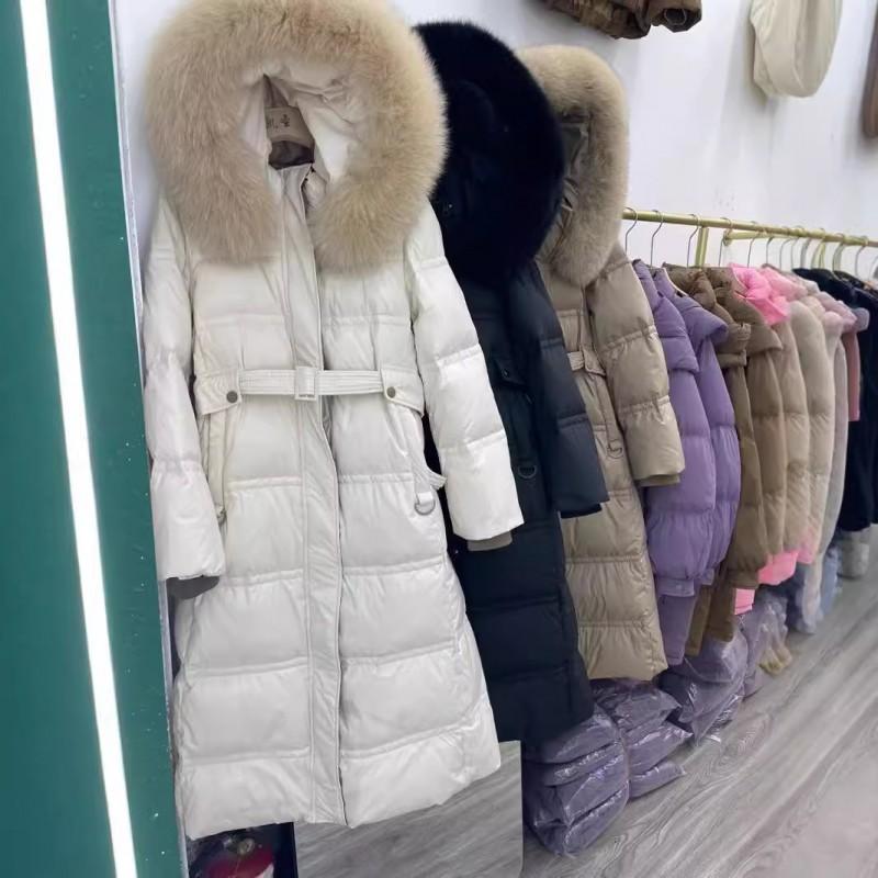 Womens Long Down Coat Over Knee Slim Fit Hooded With Real Fox Fur Collar Thick Warm White Duck