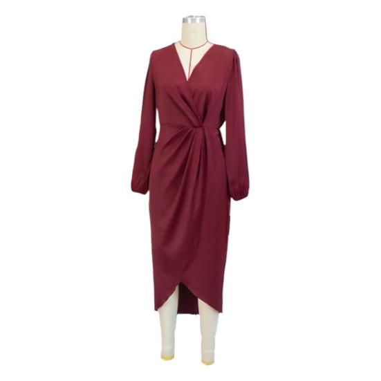 Женское платье с неровным разрезом по низу, высокой талией, плиссировкой, длинными рукавами-фонариками, однотонное платье с V-образным вырезом, для торжественной вечеринки, банкета, макси-платье