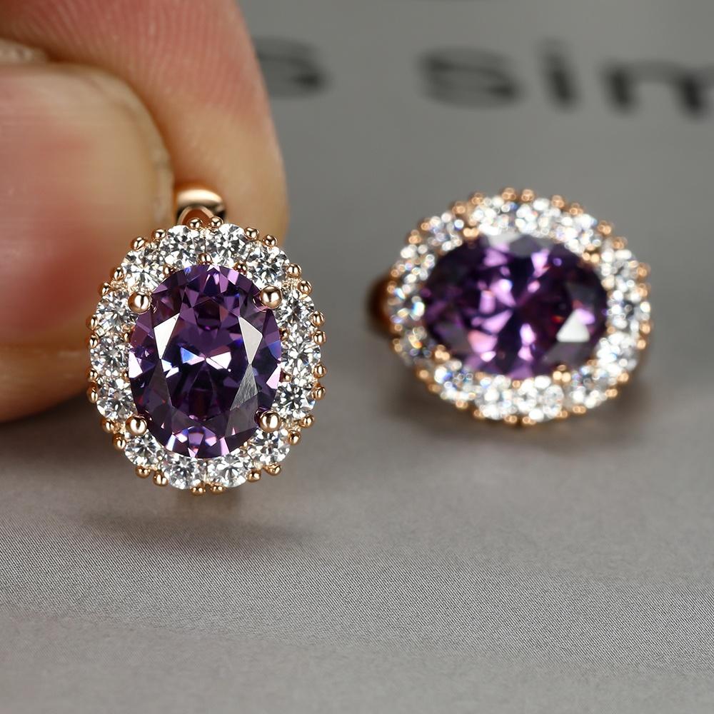 Luxury Purple Stone Gold Color Love Drop Earrings Bride Band Engagement Ear Clip Jewelry