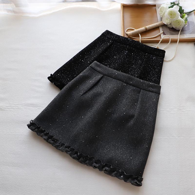 Bi Zheng 2024 Блестящая твидовая мини-юбка с кружевом, маленькая, облегающая