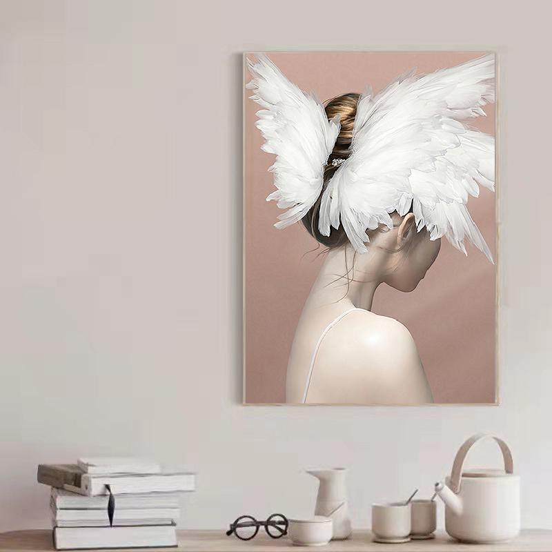 Скандинавские современные девушки, цветок, крылья ангела, головной убор, абстрактные картины для девочек, холст, живопись, настенная живопись, принт, постер, украшение для спальни