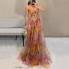 Women Evening Dress Mesh Colorful Printing Low-cut Sleeveless Backless Spaghetti Strap Pleated A-line Floor Length Tight Waist
