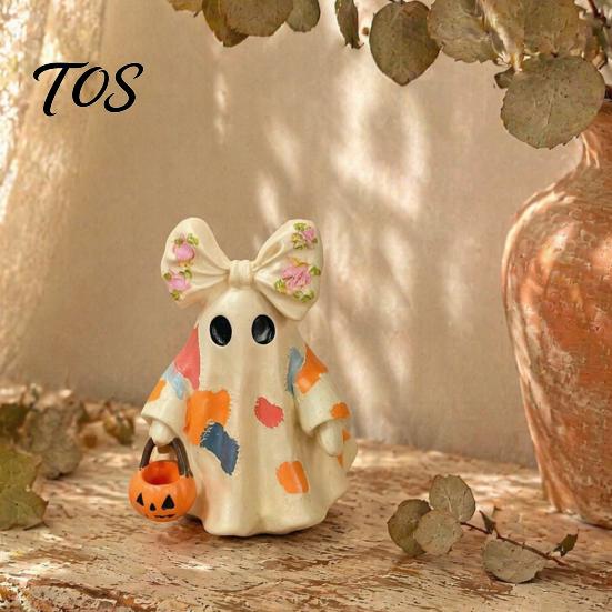 Retro Style Fall Home Decor Halloween Bow Ghost Figurine Tabletop Ornament, Cute Resin Statue with Hand Painted Crafts Pumpkin Basket, Patchwork