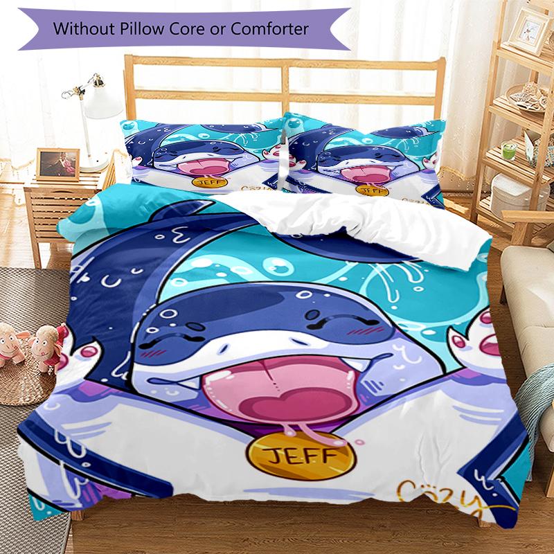 3pcs Jeff the Land Shark pattern bedding set duvet cover set includes duvet cover &pillowcases, perfect all season bedroom decoration & gift