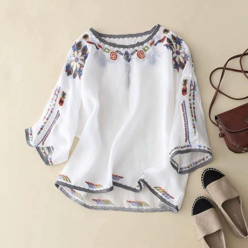 Women's Summer Ethnic Style Embroidery T Shirt Temperament Loose Comfortable Tops