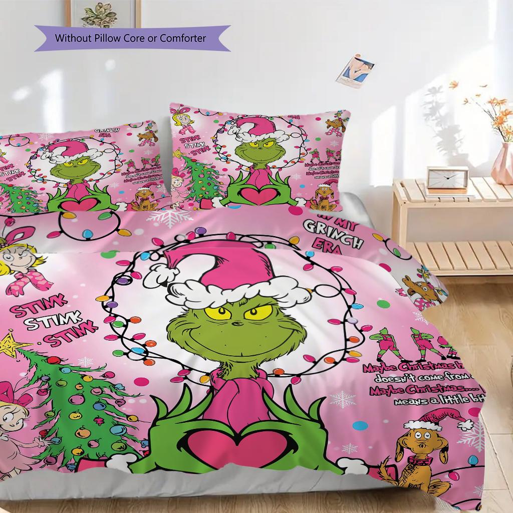 1PC Grinch pattern Bedding Quilt Set Quilt Cover Pillowcase Home Decoration Birthday Gift (1 * duvet cover + 2 * pillowcase, without core)
