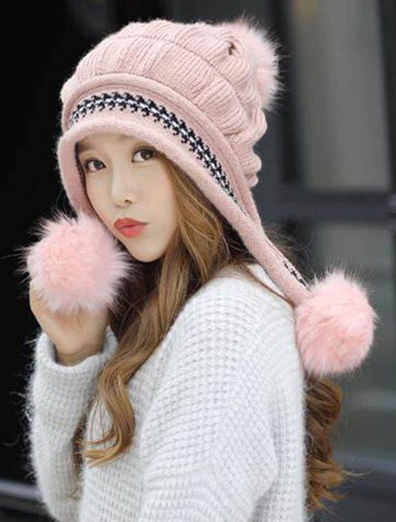 Gergeous Women's Knit Hat with Cable Pom-Pom and Gloves, Winter Knit Cap for Cold Weather Protection and Playing in the Snow (Free Size Pink)