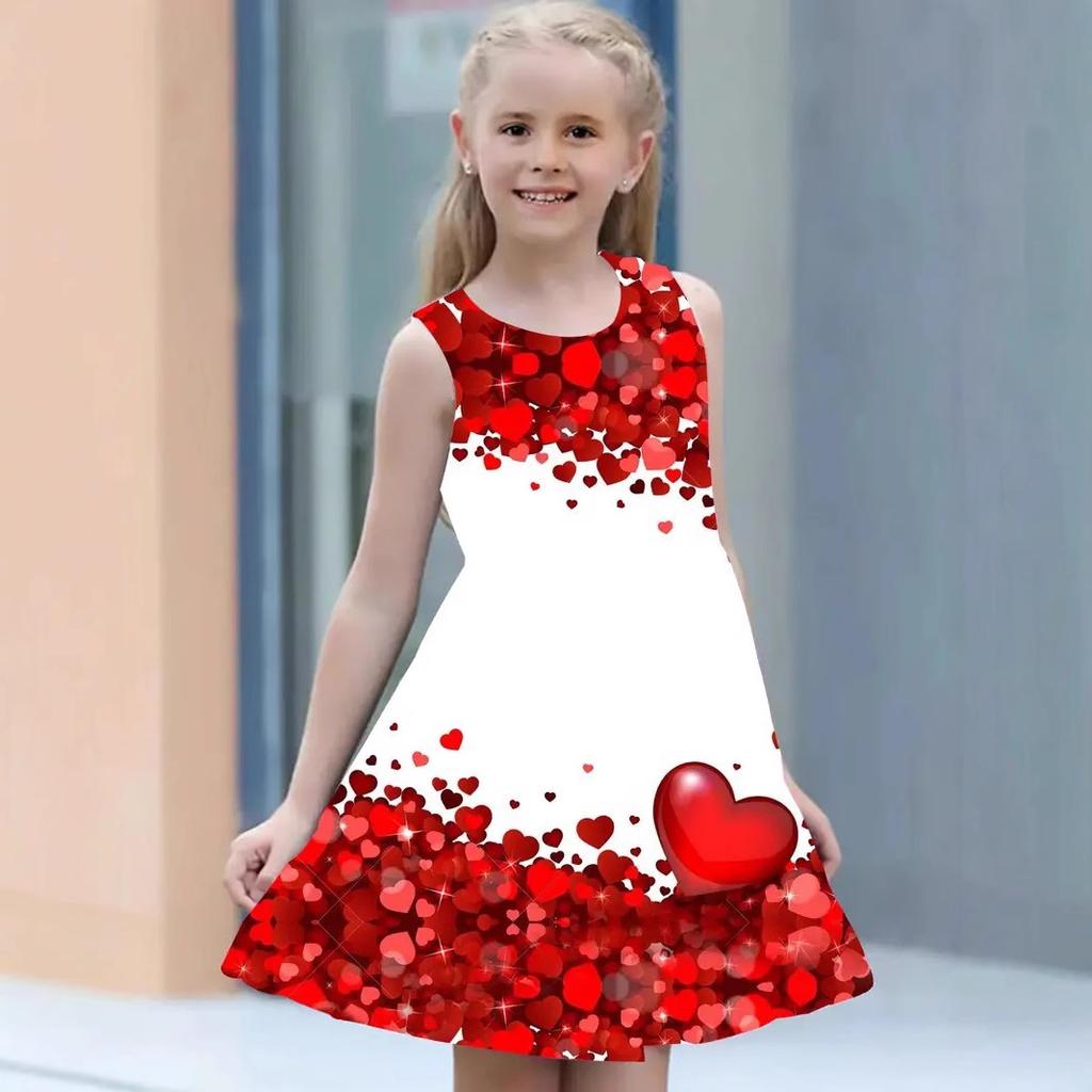 Fashion Girls Dresses Summer New Round Neck Vest Style 3D Printing Princess Skirt