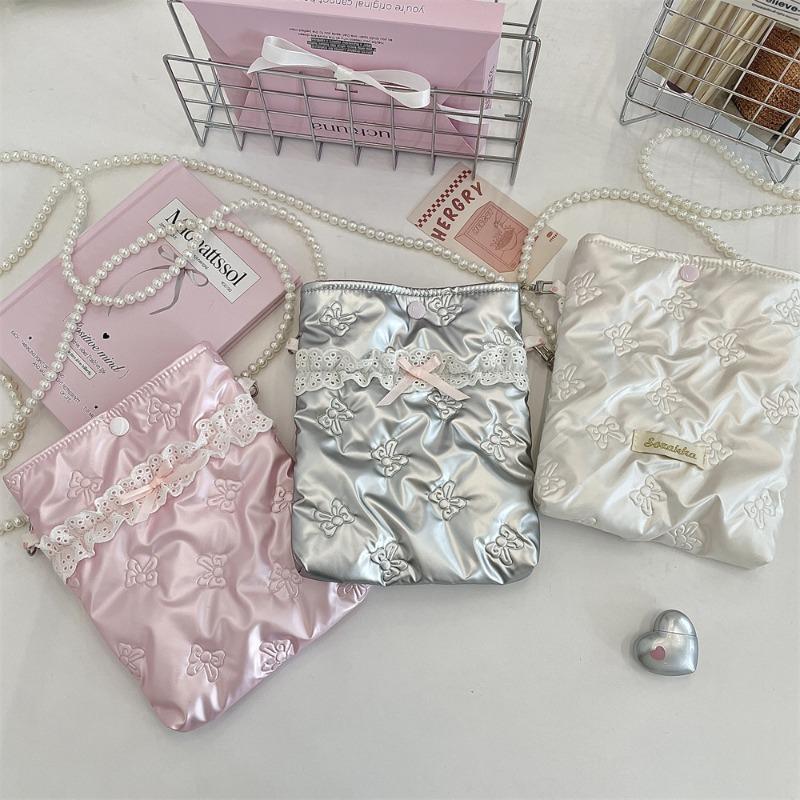 Pu Bow Padded Cotton Messenger Small Bag Mobile Phone Bag Pearl Chain Bag Portable Mini Cosmetic Bag