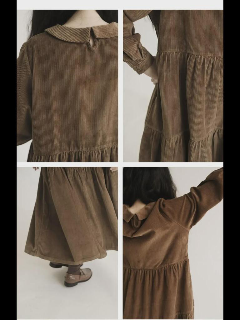 Платье А-силуэта с длинными рукавами и воротником-стойкой в японском стиле из вельвета