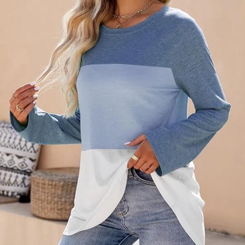 Женская блузка Colorblock с длинным рукавом и круглым вырезом, повседневная свободная рубашка, топы