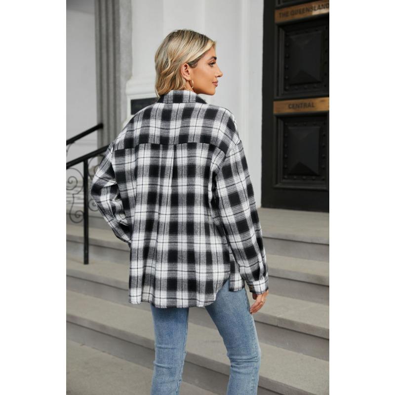 Весенне-осенняя куртка женская блузка больших размеров с лацканами и длинными рукавами, карманами на пуговицах, клетчатая рубашка