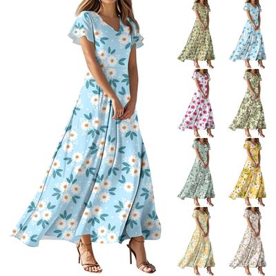 Женские летние повседневные модные платья с принтом и короткими рукавами и V-образным вырезом