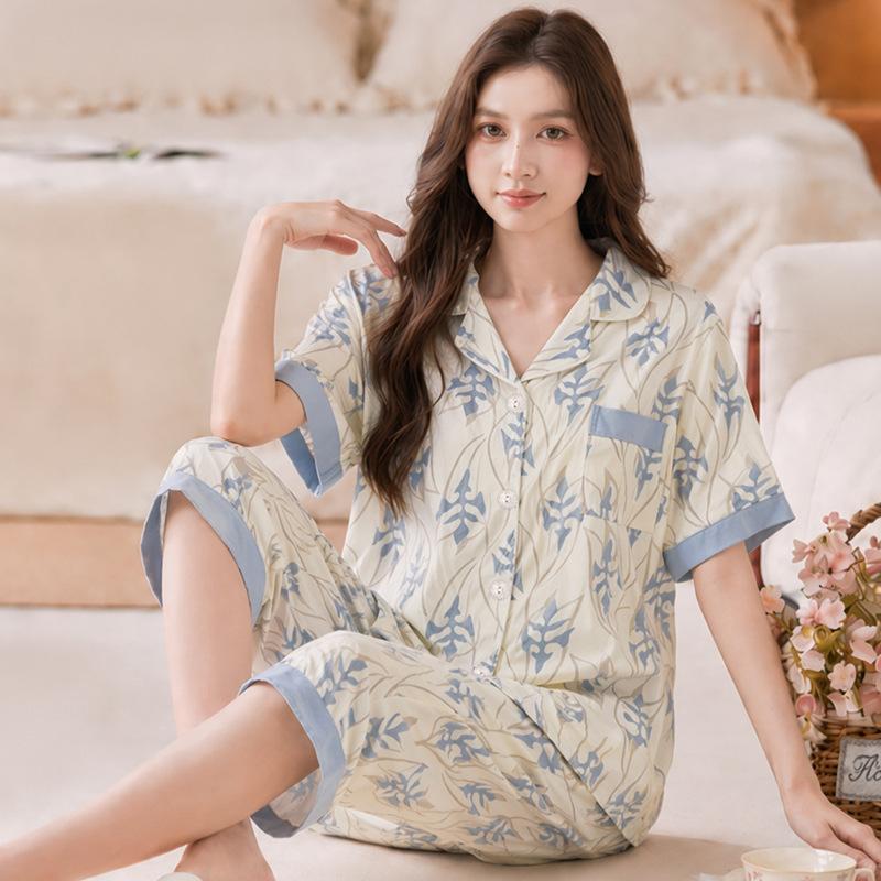 ins peach pajamas women's summer new imitation cotton short-sleeved cropped pants middle-aged mother's loungewear