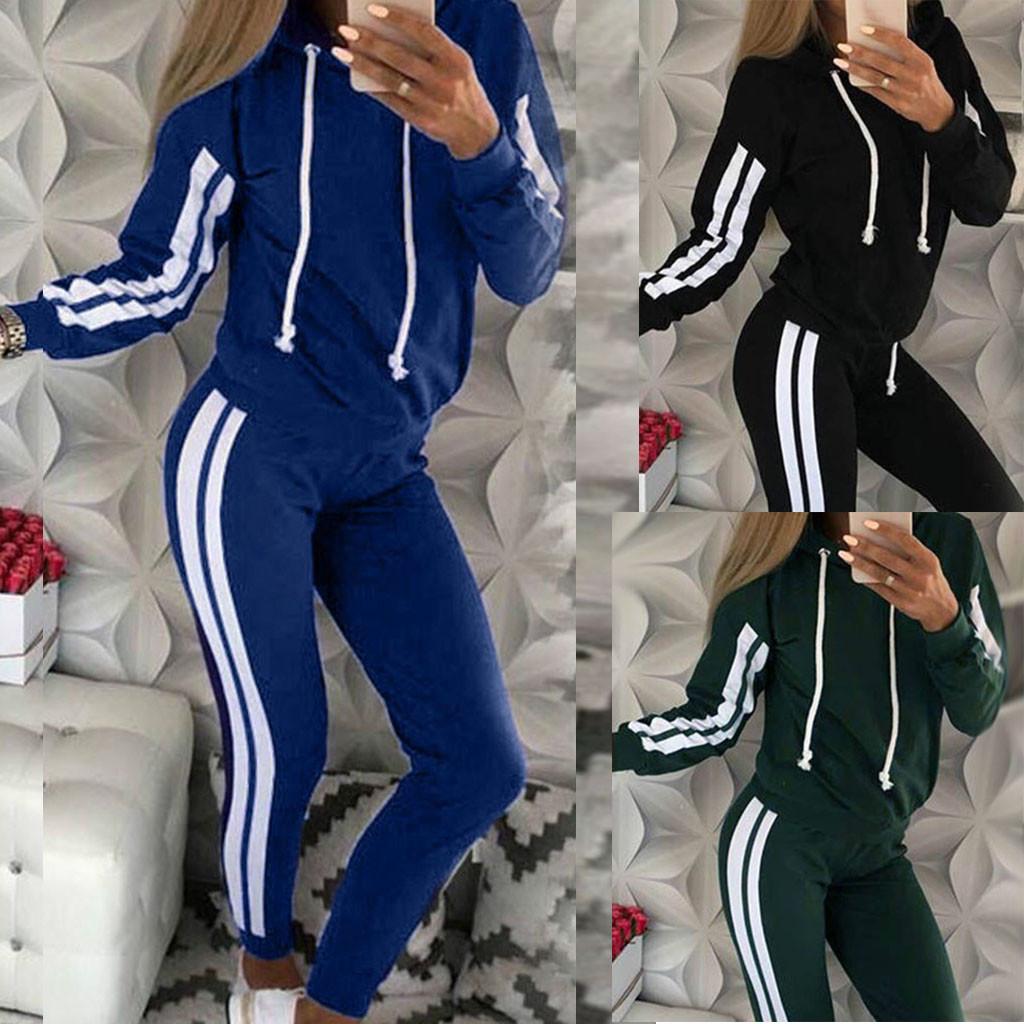 Fashion Women Casual Stripe Hooded Long Sleeve Pullove Sport Tops+Long Pants Set