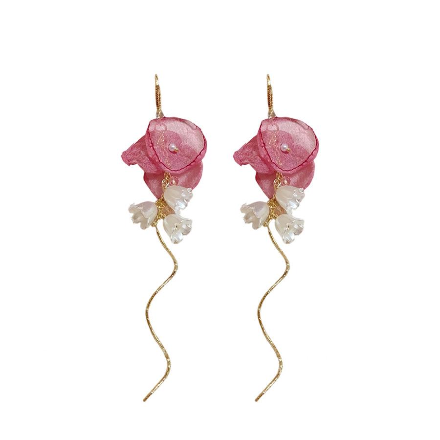 Zircon pearl chiffon bud fringed ear hook spring and summer sweet temperament earrings niche high-end versatile earrings women