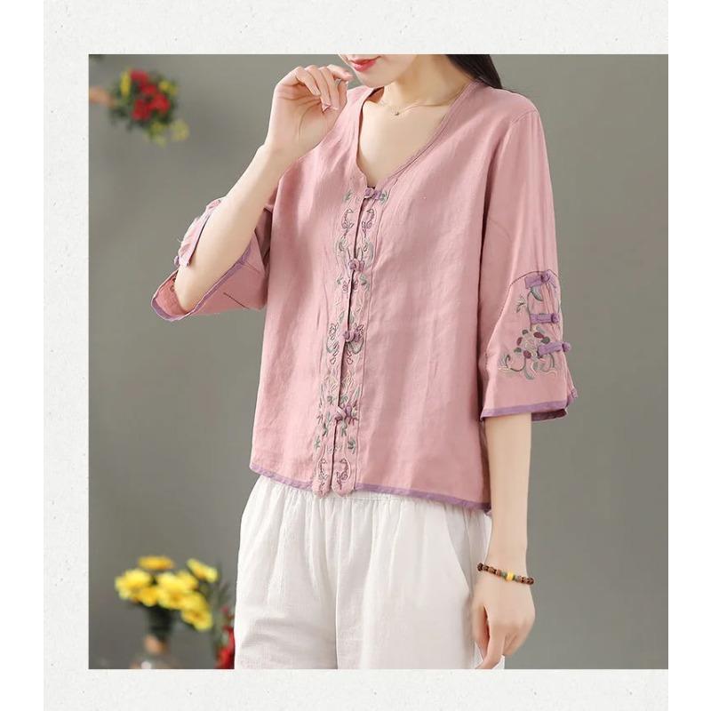 Летняя женская одежда Рубашки Блузка Blusa Mujer Винтажная Повседневная Camisas Женские блузки Лен V-образный вырез Вышивка