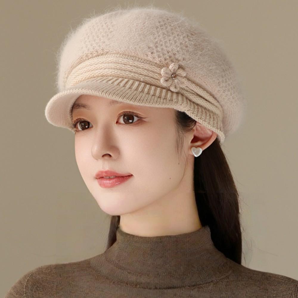 Women Fashion Winter Warm Hat Flower Design Plush Fur Lined Warm Hats For Women Casual Rabbit Fur Blend Outdoor Knitted Cap
