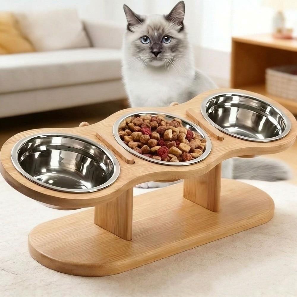 3 Bowls Elevated Pet Feeder Bowl Detachable Wood Stand Feeder Indoor Use