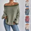 Women Sweater Off Shoulder Oversized Long Sleeve Knit Pullover Top Loose Fit Striped Print Soft Stretchy Knitting Tops