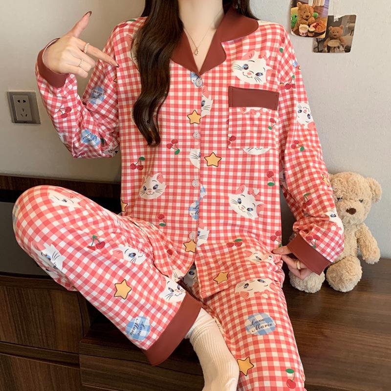 Japanese sweet two-dimensional girl style ins imitation cotton pajamas casual loungewear long sleeves trousers two-piece set