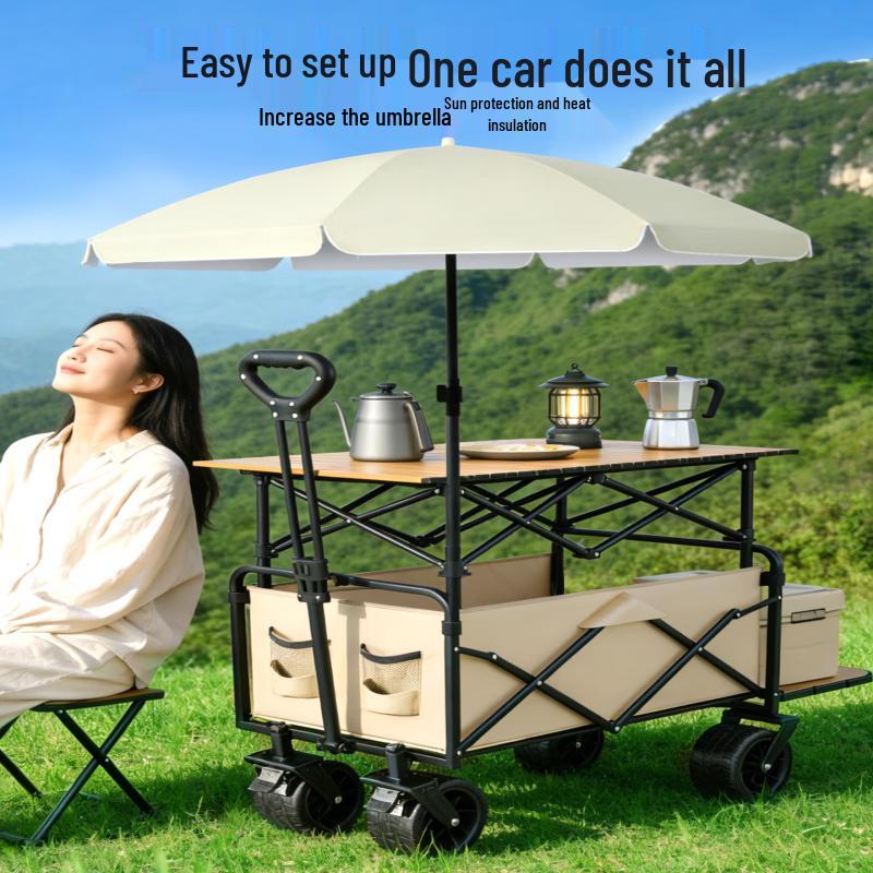 Heavy-Duty Folding Outdoor Utility Cart with Umbrella & Chair