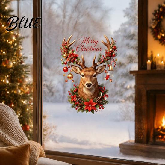 Christmas Window Clings Reindeer Static Glass Sticker, Removable with Merry Festive Store Stickers Text, Reusable PVC for Holiday Home And Decoration