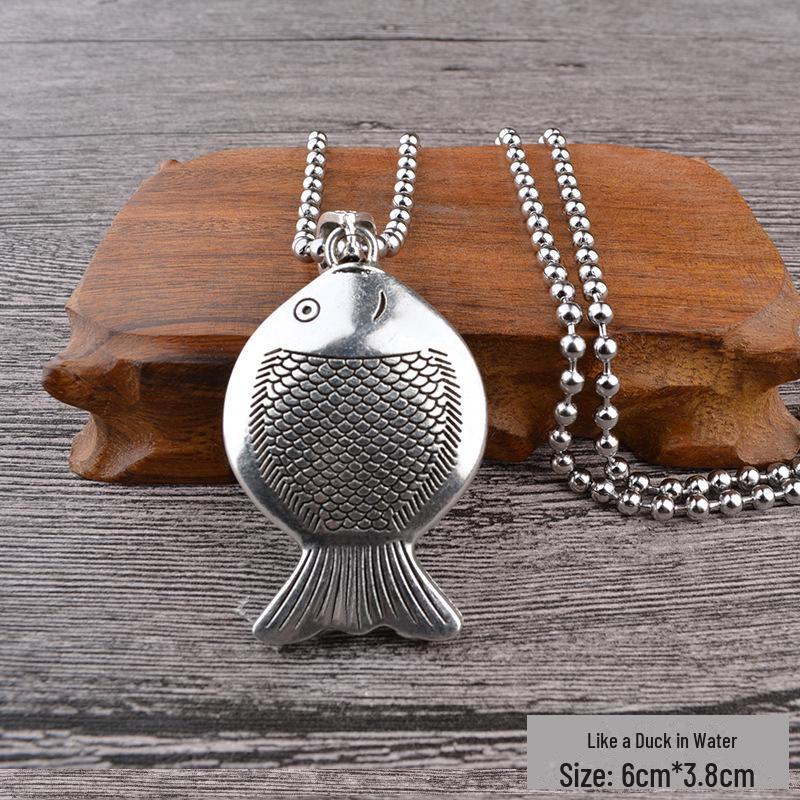 Retro Silver Peace Lock Pendant Necklace - Four-sided Wealth Women's Long Sweater Chain In National Style