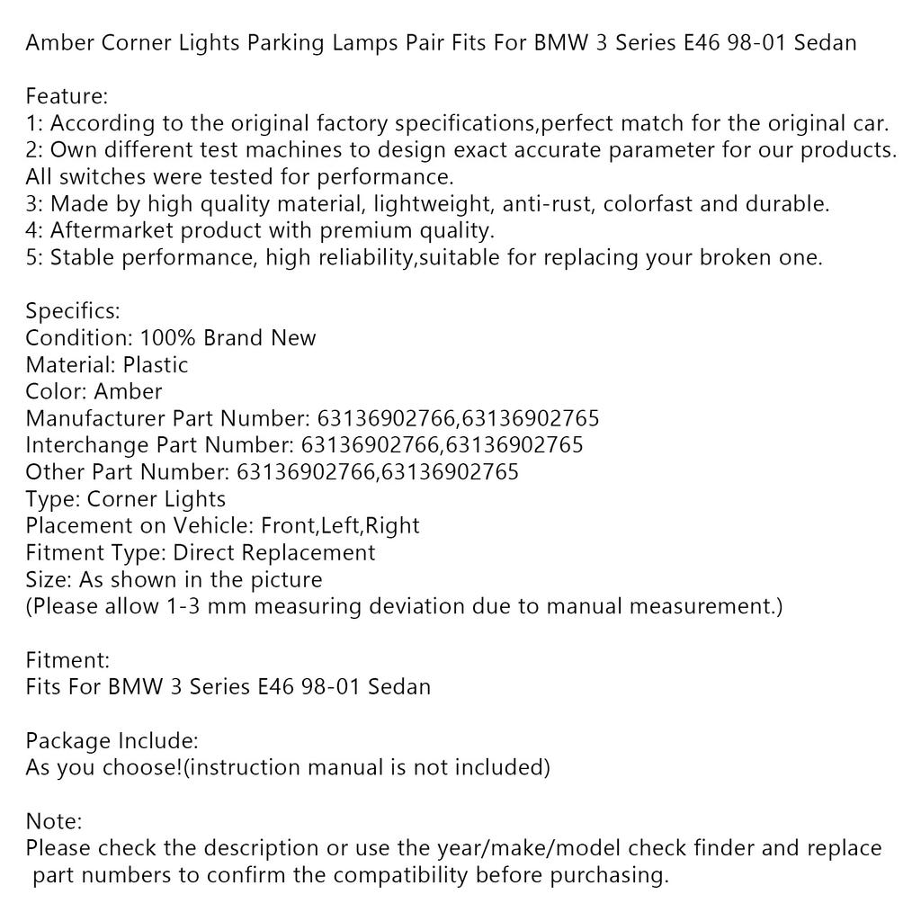 Пара янтарных боковых габаритных огней для BMW 3 серии E46 98-01 седан 63136902766
