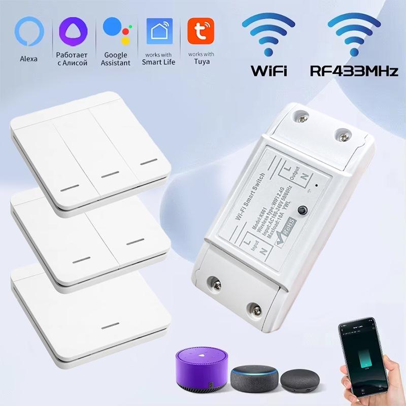 10A Tuya WiFi Умный выключатель 433 МГц Модуль реле 1/2/3 клавиши Беспроводной настенный выключатель Голосовое управление Работает с Alexa Google Home