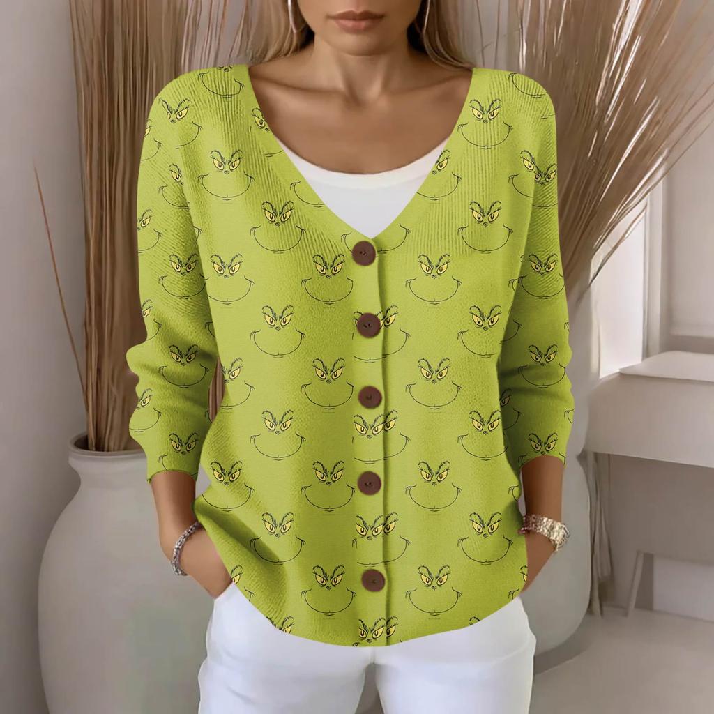Women's Fashion Casual Knit Sweater Button-Up Christmas Print Cardigan Jacket