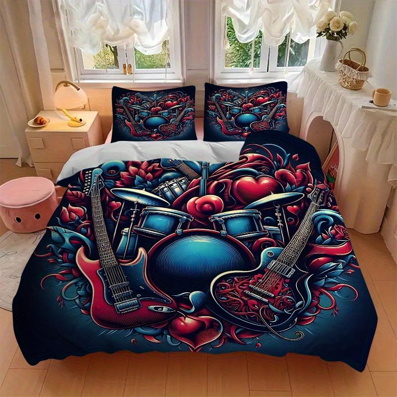 3pcs Music Love Bedding Cover Set, Fashion Classic Popular Print Bedding Set, Soft Comfortable, All Season Use, For Bedroom, Guest Room (1*D