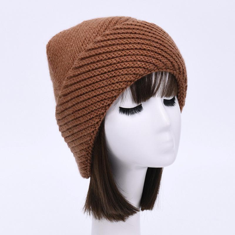 Oblique striped hat women's solid color rabbit velvet wool hat soft waxy casual versatile knitted hat warm autumn and winter fashion windproof