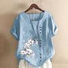 Women's Cotton Linen Round Neck Short Sleeve With Button Tops Printed T-shirt
