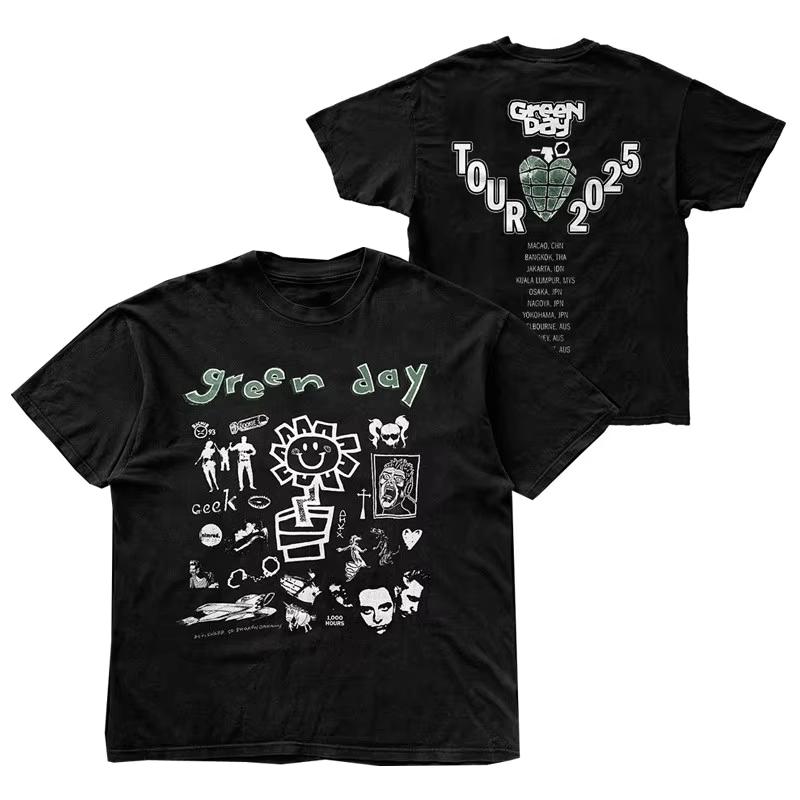 2026 Green Day Band Illustration Fun Music Album American Retro Punk Loose Unisexs and Womens Printed Tshirt Ins Y2k
