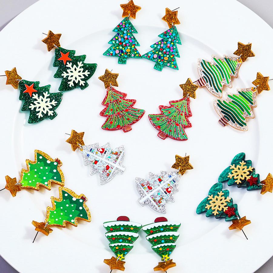 New Glitter Acrylic Christmas Tree Star Dangle Earrings for Women Fashion Cartoon Plant Statement Earring Xmas Jewelry Gifts