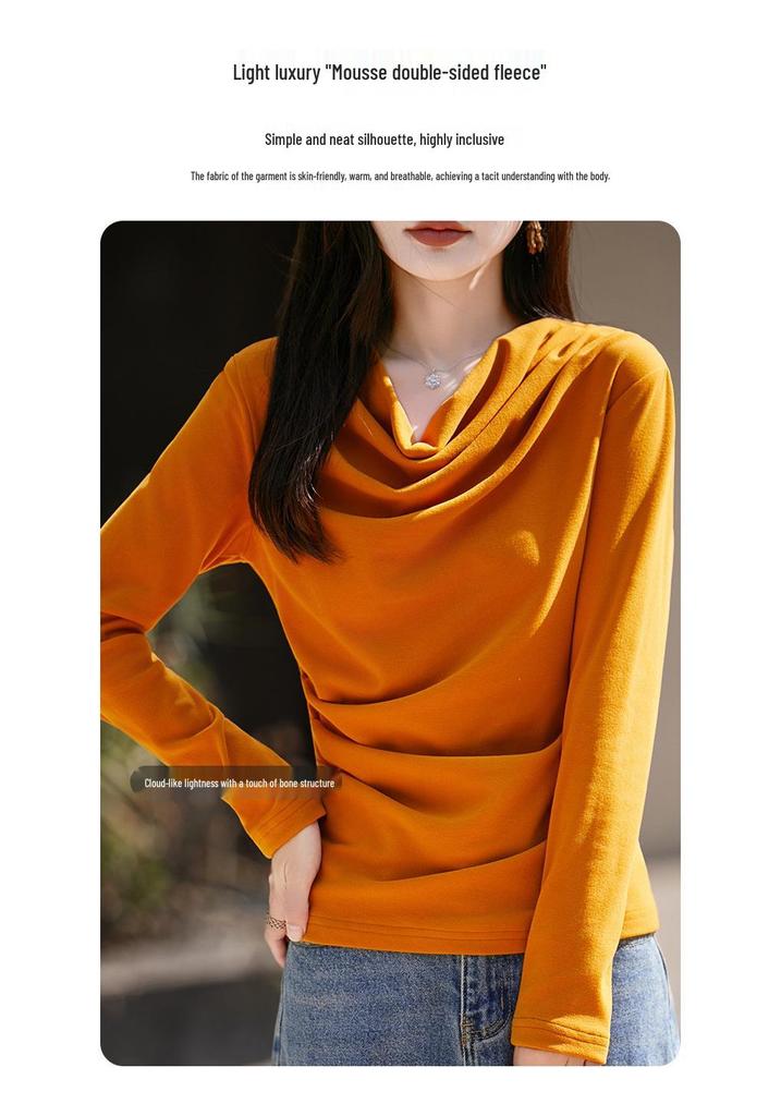 Double-Sided Velvet Scoop Neck Pleat Base Layer Women's Sweater - Autumn/Winter 2025 New Style Knitwear