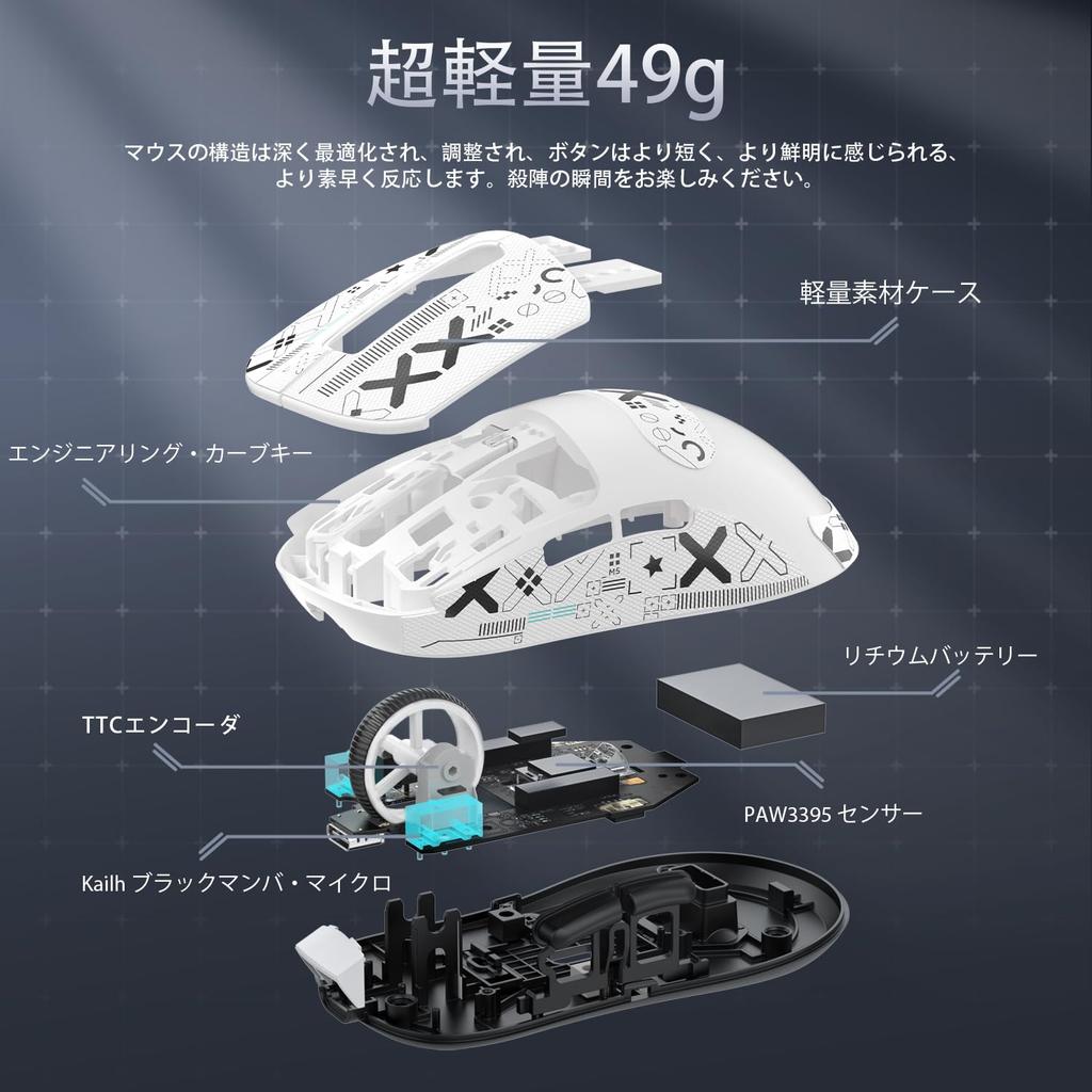 ATTACK SHARK X3 49г Игровая 3395 26000 DPI Ультралегкая Мышь, Беспроводная/Bluetooth/Проводная, Сенсор,