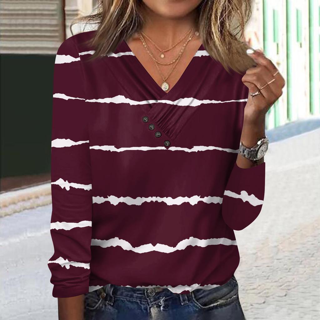 Женские топы с длинными рукавами, осенние блузки с v-образным вырезом и длинными рукавами, свободный крой, повседневные футболки с принтами на пуговицах