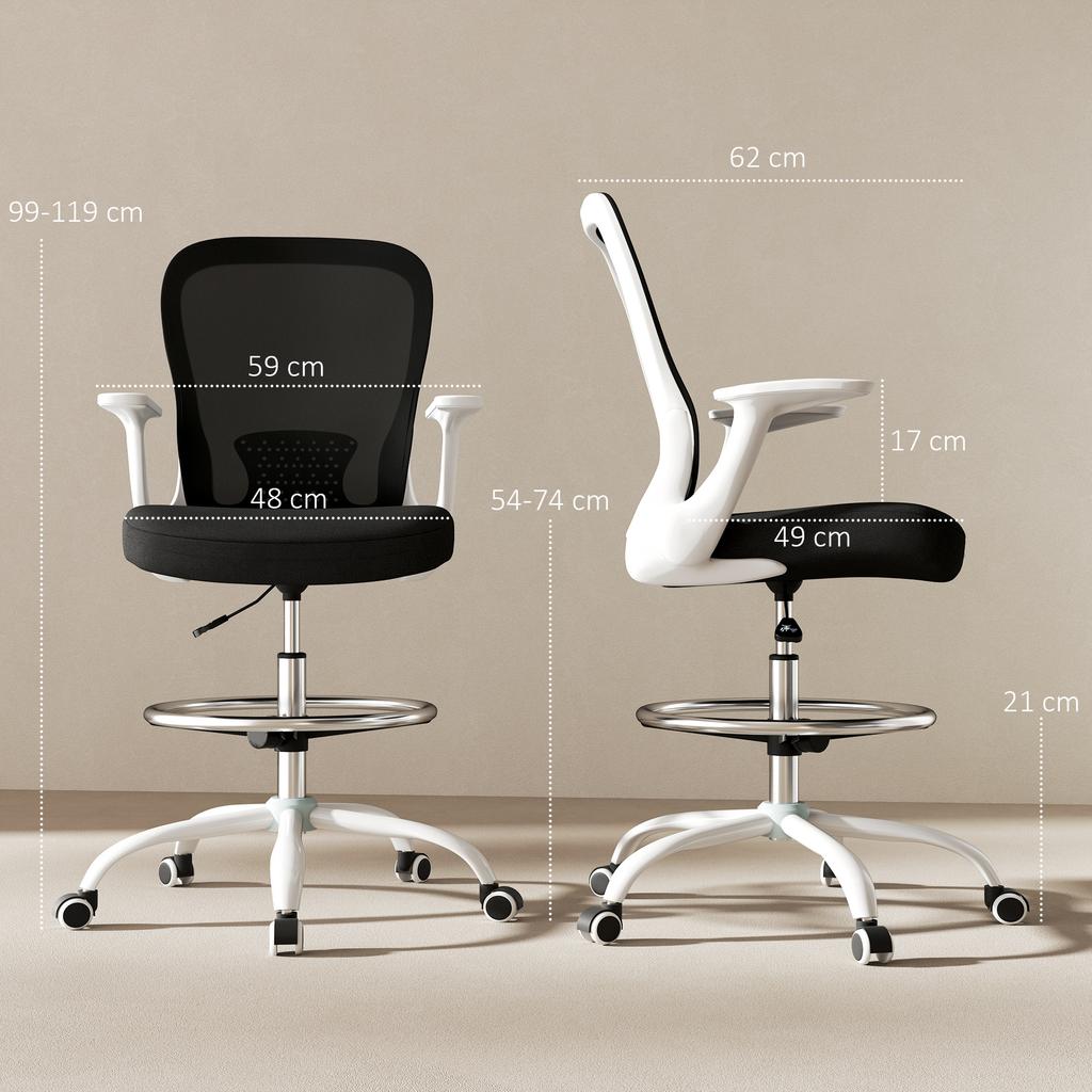 Draughtsman Chair, Mesh Drafting Chair, Ergonomic Office Chair with Flip-up Armrest, Adjustable Foot Ring, Black White