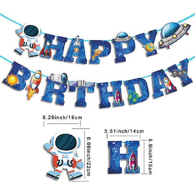 Space Ship Astronaut Happy Birthday Banner Boys Birthday Party Banner Decoration Blue