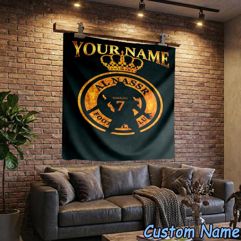 Custom Name Al-Nassr Football Club Hanging Tapestry Background Tapestry for Bedroom Living Room Dorm,Home Party Wall Decoration,Fan Gifts