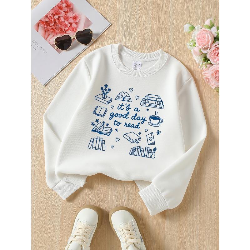 European sizes Girls' Crew Neck Sweatshirt "It's a Good Day to Read," Soft Cozy Pullover, Warm Casual for Autumn Winter.