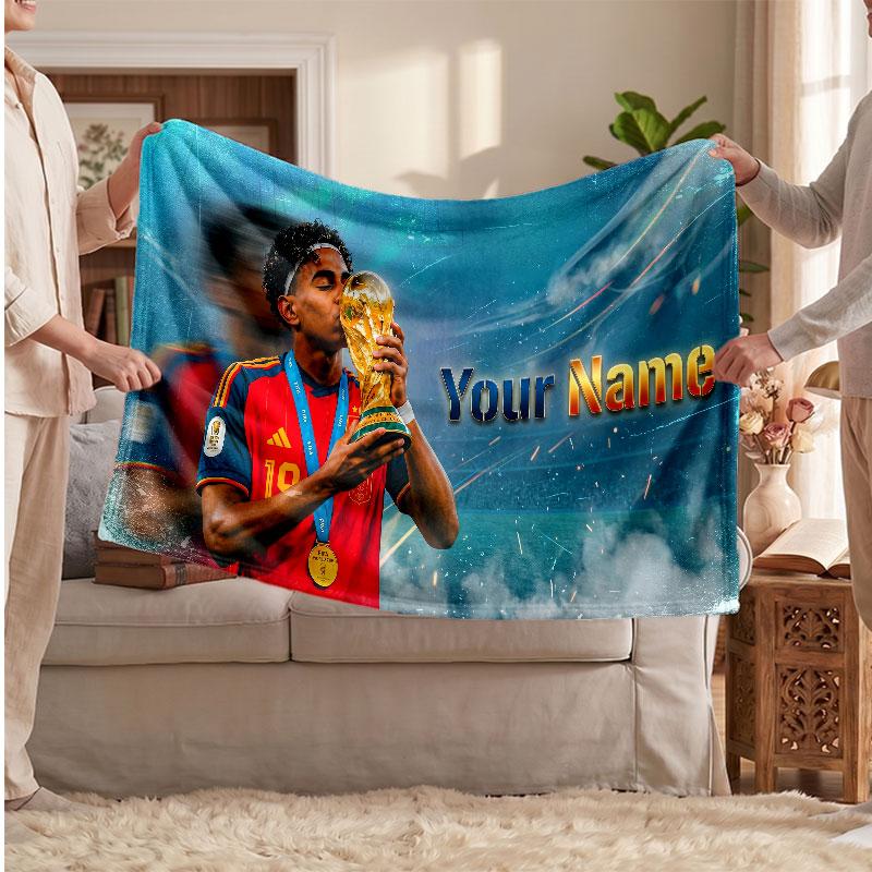 Lamine Yamal Personalized Fleece Blanket With Football Logo, Custom Name Text Soft Warm Home Throw Blanket