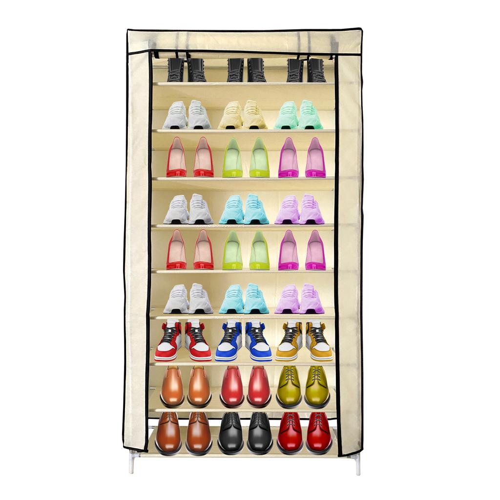 Shoe Cabinet Fabric Shoe Rack with Zippered Door and Side Pockets Nyana Home 160x88x30cm 27 Pairs