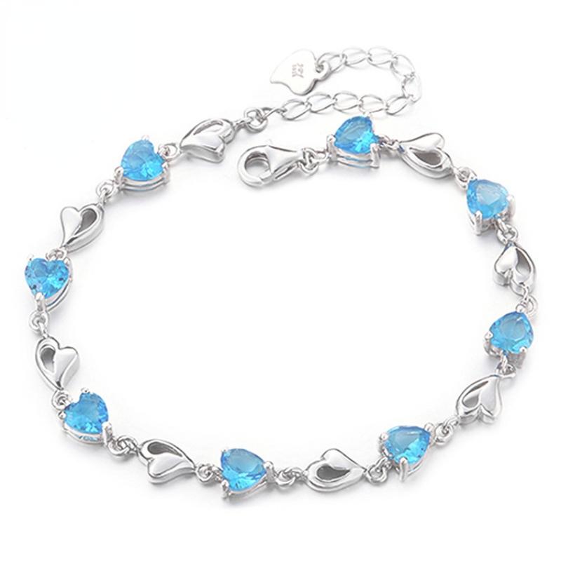 Silver Heart -Shaped Blue Crystal Bracelet Women European Style Fashion Simple Temperament Bracelet